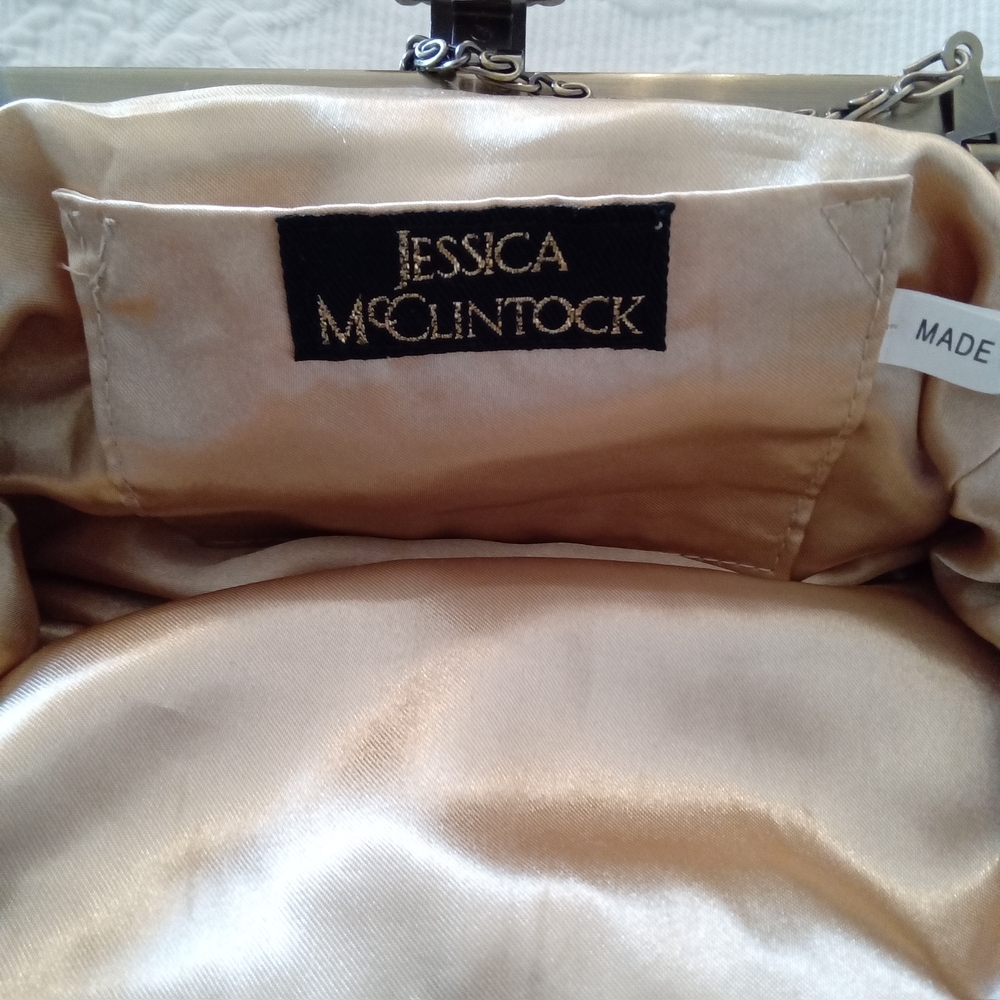 Jessica McClintock Gold Satin Clutch with Jewel Accent & Antique Goldtone Chain - Picture 9 of 10